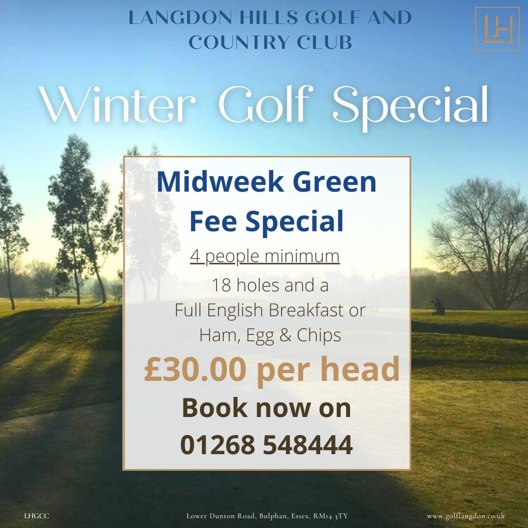 Winter special has been extended until the end of March!  🥳
Enjoy 18 holes of golf, a full English breakfast or ham, egg, and chips, all for just £30 per head. 
Valid for 4 or more people, book your tee time now on 01268 548444 ⛳️🏌️