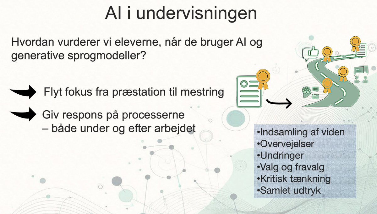 Det er ikke nemt, men det et krav. Både prøver og den daglige evaluering af eleverne er udfordret, men løsningen kan vise sig at være til det bedre.
Vi skal arbejde med opg.typer og prøveformer, som ser mere på det hele menneske, processer og forskellige måder at udtrykke sig på