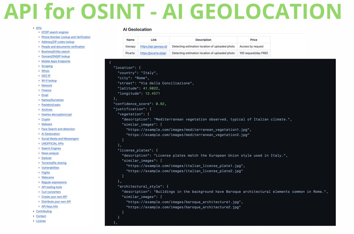 New section in API for #osint: AI Geolocation.

If you need to determine the approximate location of more photos, you can automate this process using GeoSpy API <a href="/graylark/"></a>  or Picarta API <a href="/Picarta_ai/">Picarta</a> .

github.com/cipher387/API-…