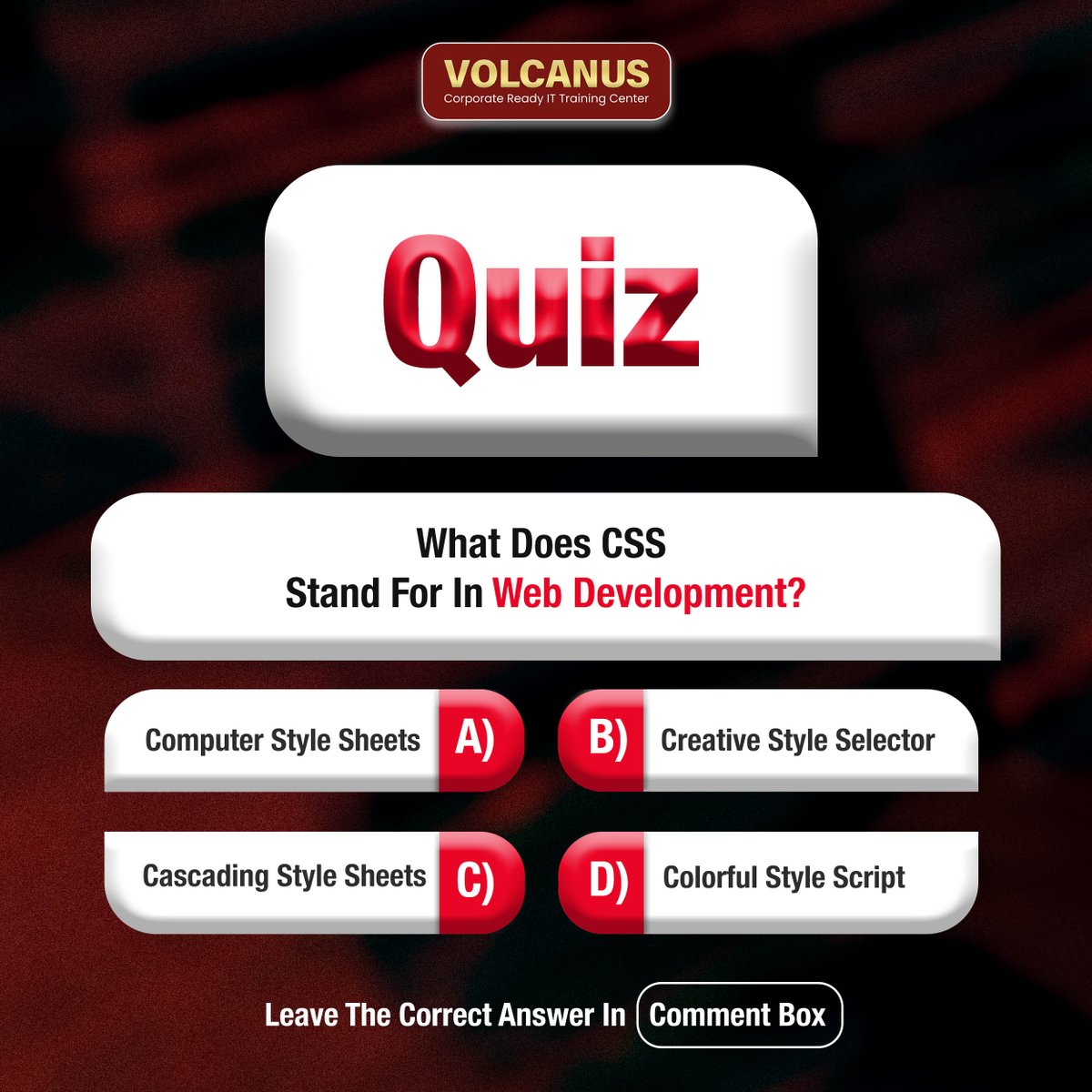 VolcanusAcademy's tweet image. Ready to test your CSS chops? Dive into our Web Development CSS Quiz now! How well do you know your selectors and properties? Challenge your coding skills! Comment your answers below!
#CSSQuiz #WebDev #CodeChallenge