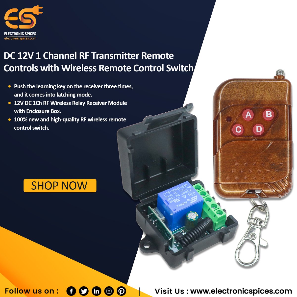 Electronicspic's tweet image. 𝐃𝐂 𝟏𝟐𝐕 𝟏 𝐂𝐡𝐚𝐧𝐧𝐞𝐥 𝐑𝐅 𝐓𝐫𝐚𝐧𝐬𝐦𝐢𝐭𝐭𝐞𝐫 𝐑𝐞𝐦𝐨𝐭𝐞 𝐂𝐨𝐧𝐭𝐫𝐨𝐥𝐬 𝐰𝐢𝐭𝐡 𝐖𝐢𝐫𝐞𝐥𝐞𝐬𝐬 𝐑𝐞𝐦𝐨𝐭𝐞 𝐂𝐨𝐧𝐭𝐫𝐨𝐥 𝐒𝐰𝐢𝐭𝐜𝐡

Specifications :-

Voltage: DC12V
Current Rating: 10 Amps
Wireless control and easy to install.
#RFTransmitter #remote