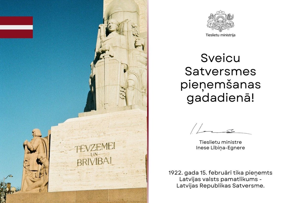 📕 1922. gada 15. februārī pieņemta Latvijas Republikas konstitūcija – Satversme. Tā ieliekot stiprus pamatus mūsu valsts brīvībai, demokrātijai un tiesiskumam.

Sveicu visus Satversmes pieņemšanas gadadienā! 🇱🇻🇱🇻
