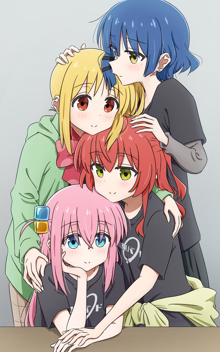 gotoh hitori ,gotou hitori ,ijichi nijika ,kita ikuyo ,yamada ryo multiple girls shirt blonde hair blue hair smile black shirt pink hair  illustration images