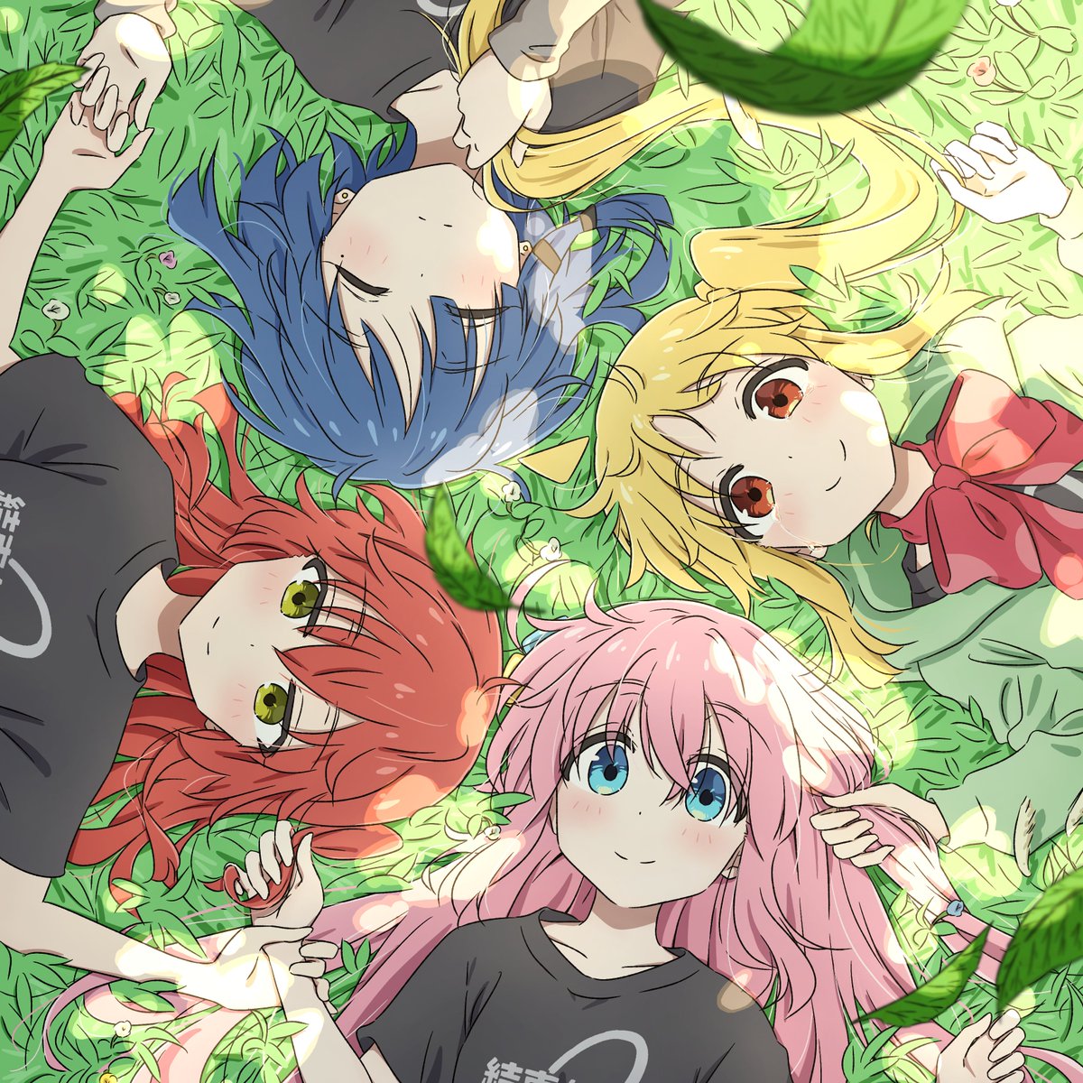 gotoh hitori ,gotou hitori ,ijichi nijika ,kita ikuyo ,yamada ryo multiple girls shirt blonde hair blue hair smile black shirt pink hair  illustration images