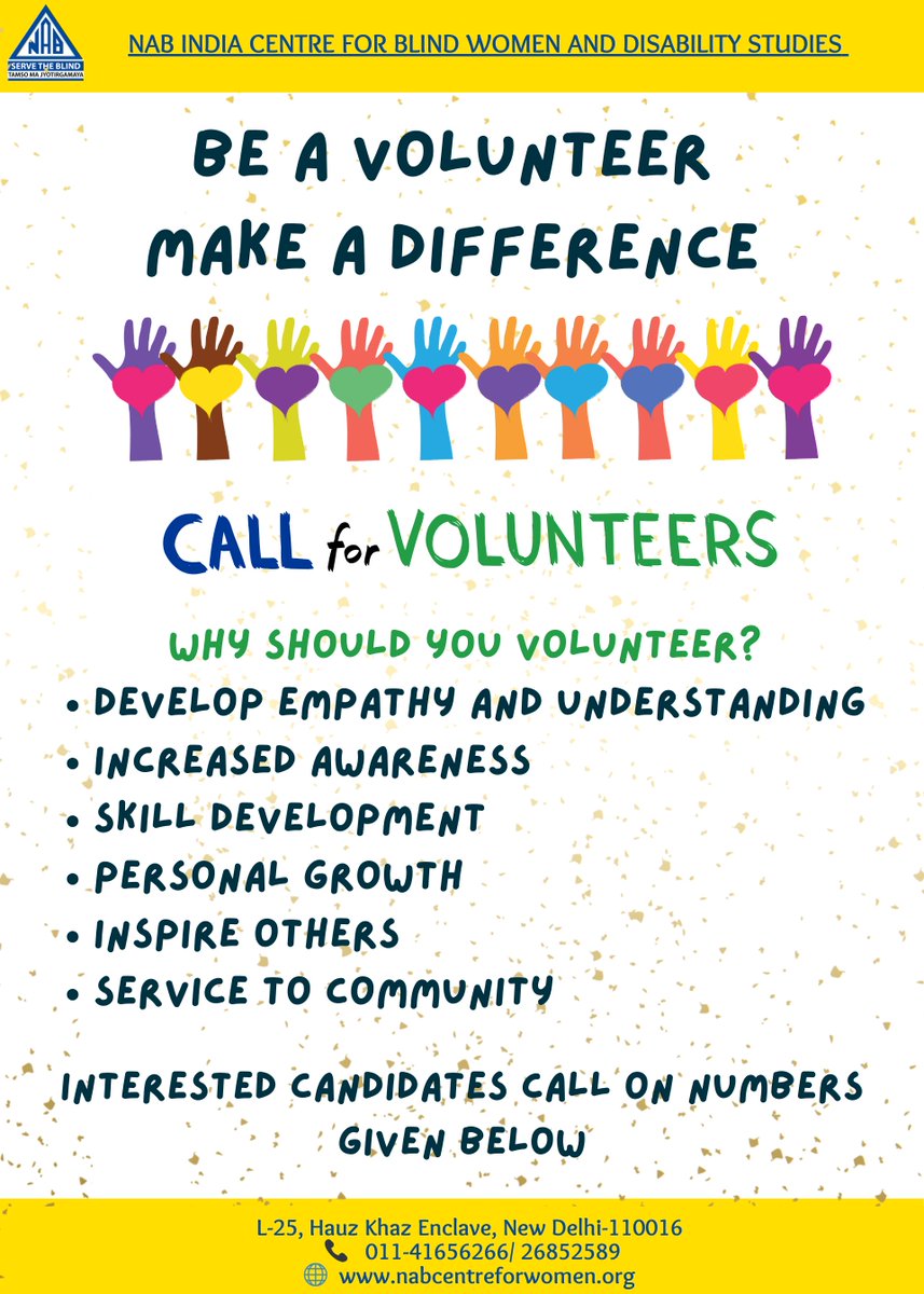Join us in Illuminating Lives: Volunteer at our Blind Centre. Call us at these numbers 011-41656266/ 011-26852589 to register yourself as a volunteer.
#VolunteerOpportunity 
 <a href="/shaliniatNAB/">Shalini Khanna</a>