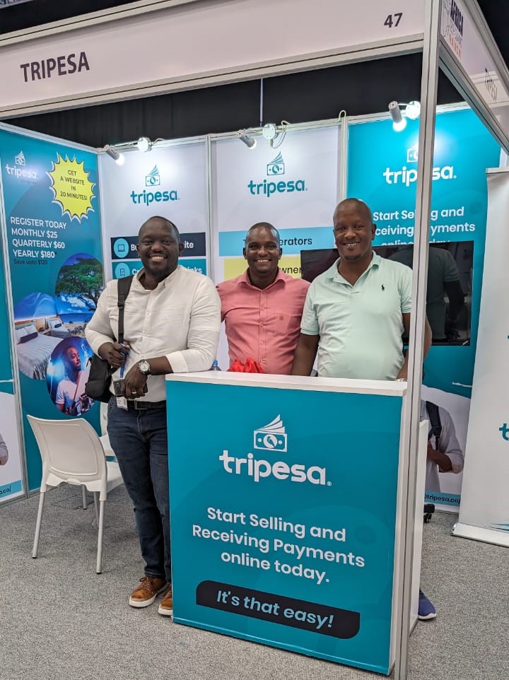 L-R: A rare moment of our CEO; Country Manager Kenya & Country Sales Team Lead Kenya at the #ATSNBO posing for a photograph. Pass by Booth 47 to have a chat with them and get your company a fully fledged payments enabled website in 20 Minutes! #Itsthateasy #AfricaFintech