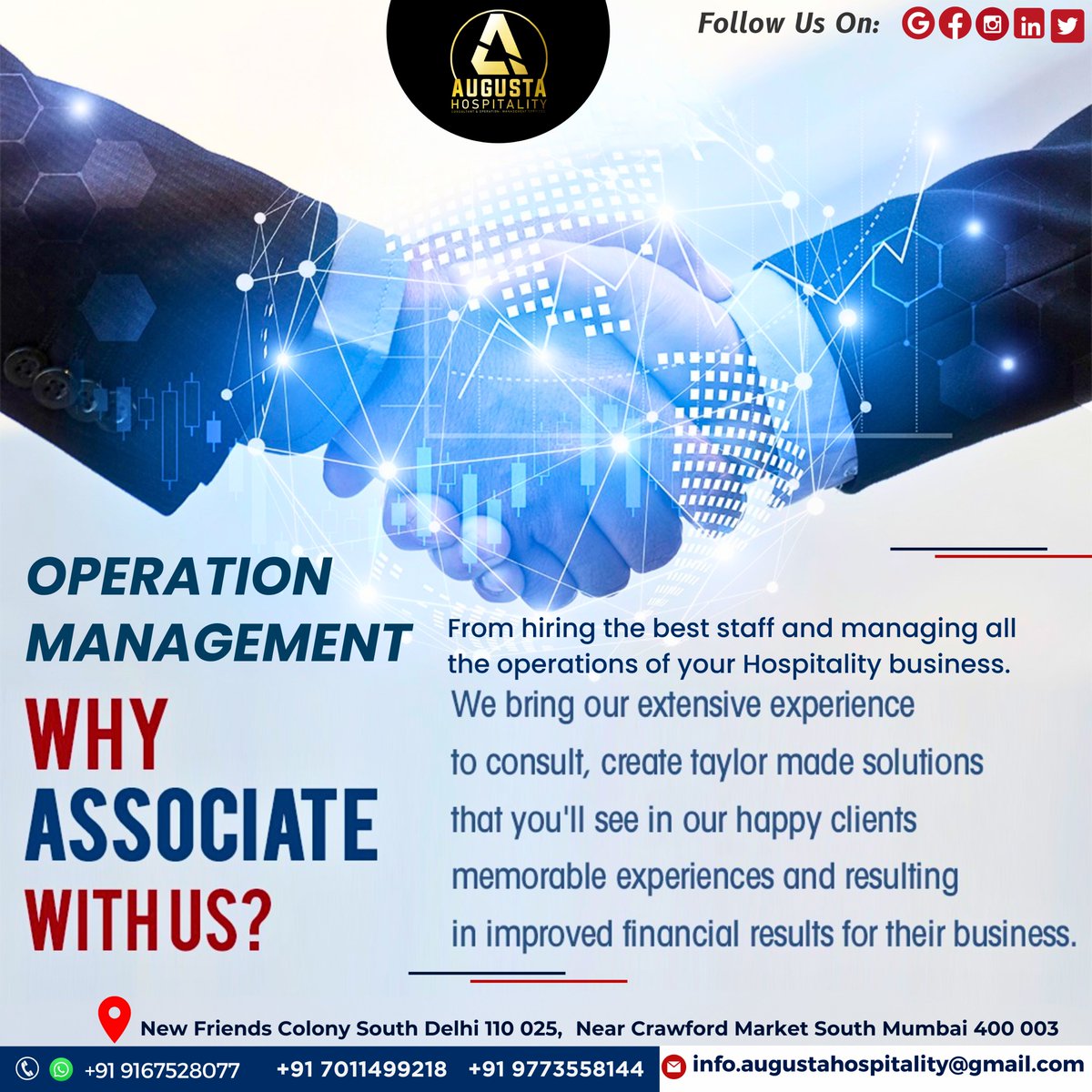 AugustaM95267's tweet photo. From hiring best staff and manage all the operations of your Hospitality business we take all the responsibility of your Hospitality business

📲 : 📞 +91 70114 99218, +91 9773558144, +91 9167528077
✉️ Email: info.augustahospitality@gmail.com

#operationmanagement https://t.co/YMWMbRsXyy