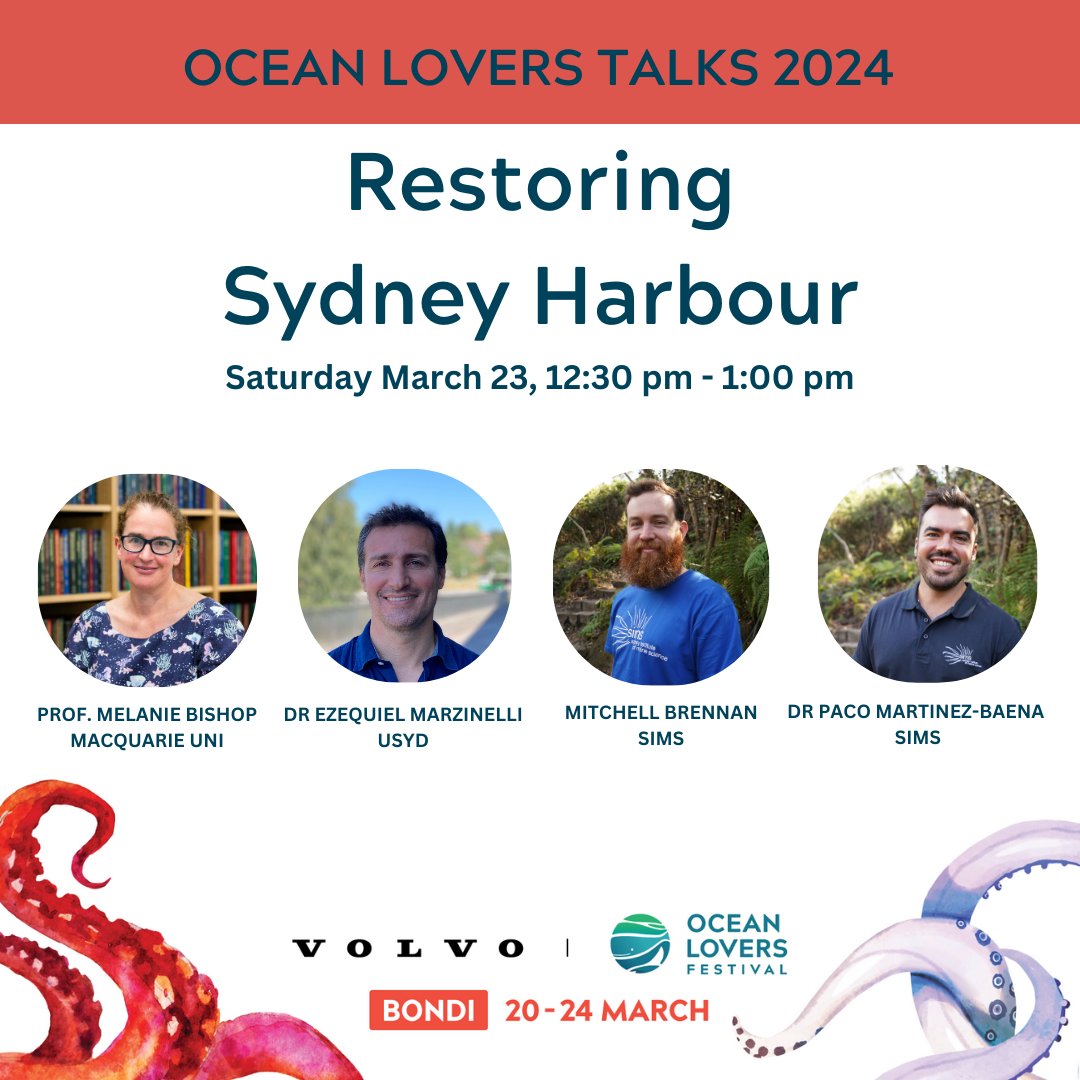 Hear from our panel of experts at this years @oceanloversfest. Including Prof. Melanie Bishop, Dr Ezequiel Marzinelli, Mitchell Brennan and Dr Paco Martinez-Baena. Book for free here: oceanloversfestival.com/oceanloverstal…