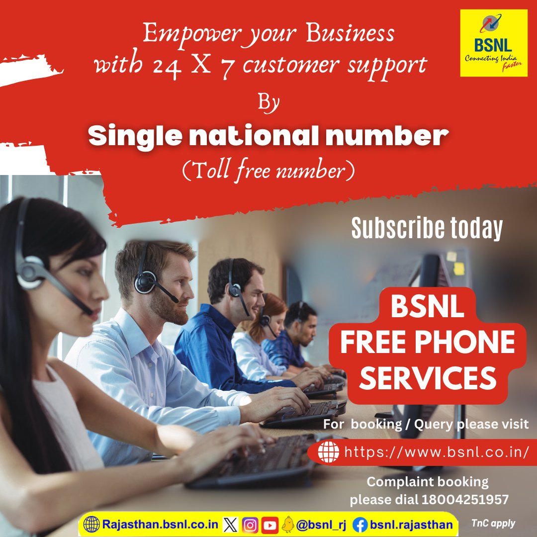 BSNL_RJ's tweet photo. Empower your #Business with 24X7 customer support.
Subscribe #BSNL #FreePhoneServices today.
For more info/booking please visit https://t.co/bO8wPOdKIW
#BusinessSolutions #Entertainment #Banking #education #MakeInIndia #Startups #BSNLRJ_EBServices https://t.co/GoieCYlvEl