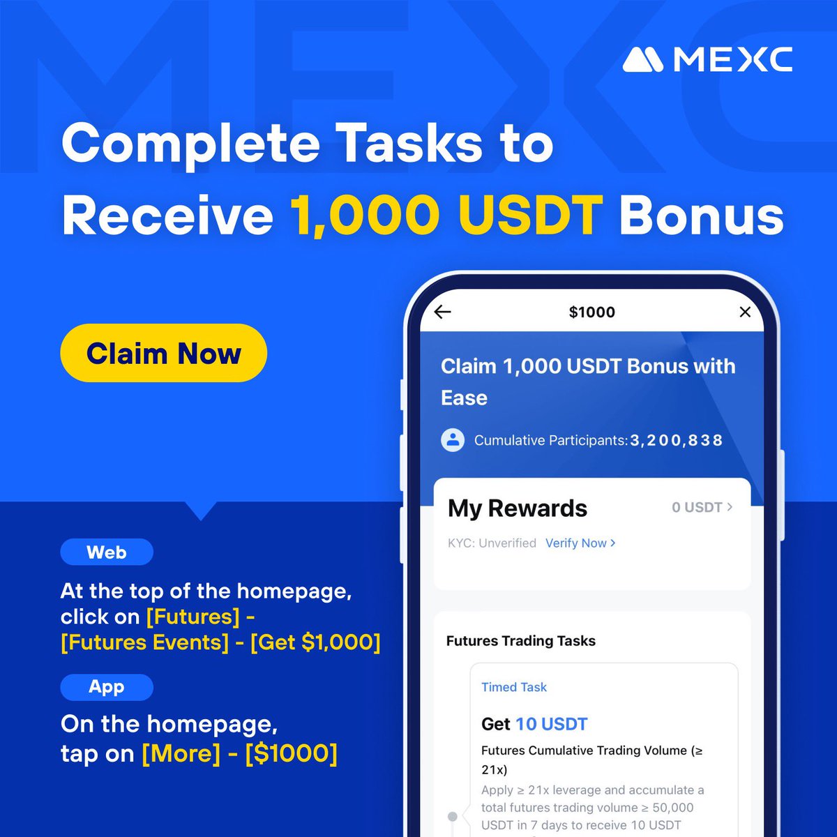 Ready to win big? Complete tasks and claim your 1,000 USDT futures bonus  now! 🔗 https://t.co/H22MuW56H7