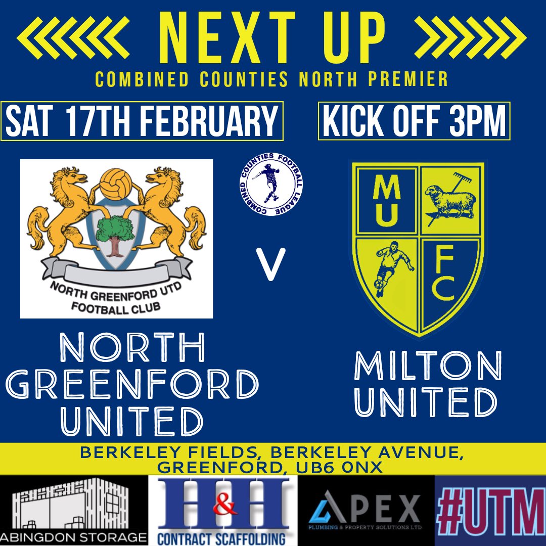 Next Up.
Off to west London we go this weekend to face North Greenford United. It will be our 1st ever trip to North Greenford, who currently sit 7th in the league and in the Q/F of the FA Vase.
Kick off 3pm.
#UTM