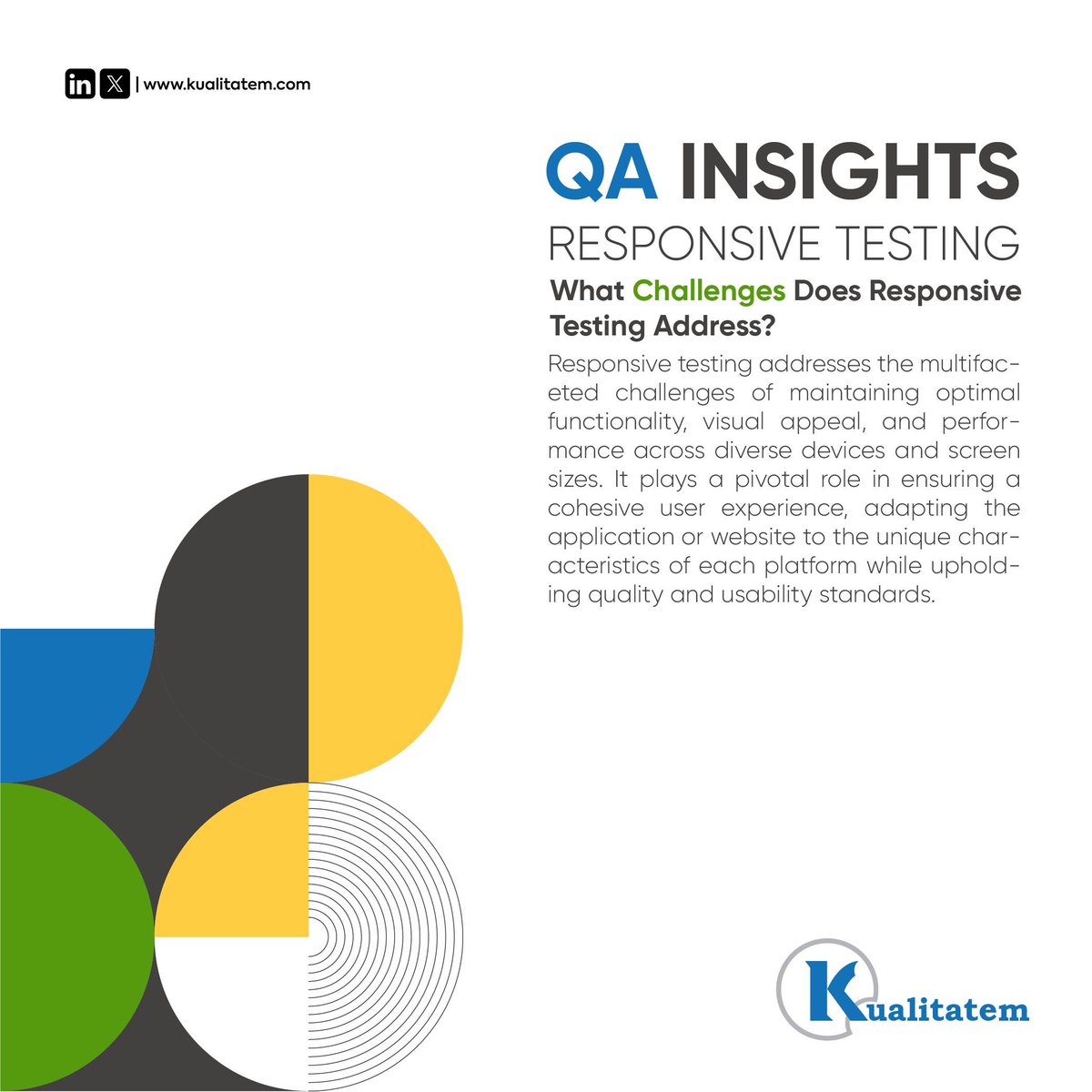 Kualitatem's tweet image. Responsive testing aims to overcome the obstacles encountered in ensuring that websites or applications adapt effectively to different screen sizes and devices.
#responsivetesting #software #responsiveness