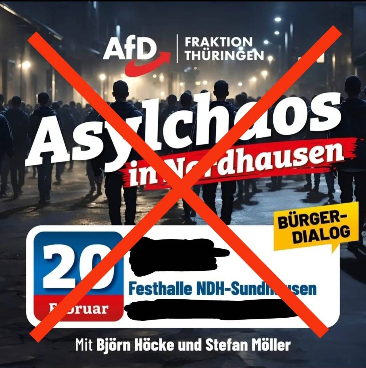 Am 20.02.24 wollte #Faschist Björn #Höcke mit  #fckafd Bürgerdialog zum 'Asylchaos' in #Nordhausen durchführen. Nun stellt sich heraus, die Veranstaltung wurde als privat angemietet & ist somit rechtlich ungültig. Sollte es dennoch stattfinden, ist Protest geplant.