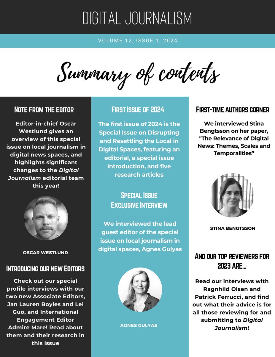 [THREAD] NEWSLETTER ALERT! Check out our first newsletter of 2024, featuring links to our special issue on local #journalism, an interview with the lead guest editor <a href="/agulyas/">Agnes Gulyas</a>, and interviews with #DigitalJournalism's new editors! Click here to read👉 bit.ly/3wk9peL