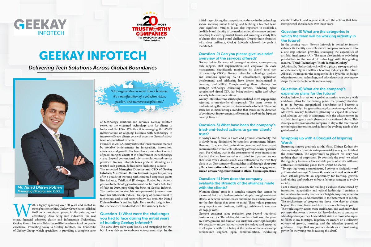GeekayInfotech1's tweet photo. 🏆 Exciting news! Geekay Infotech is among the Top 20 Most Trustworthy Companies of 2024! 🌐 Thanks to our incredible team, clients, and partners for making this possible! #TrustworthyCompanies #GeekayInfotech 🌟 https://t.co/HnHwqyH0wd