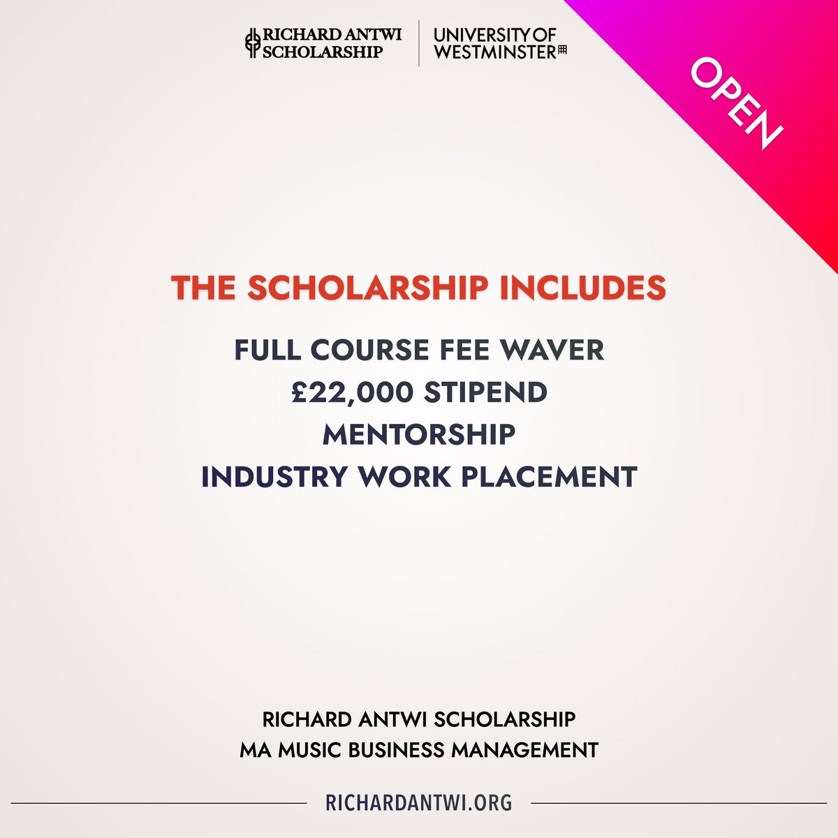 The Richard Antwi Scholarship is now open for the 7th and final round <a href="/UniWestminster/">University of Westminster</a>. Championing the next generation of music industry leaders, we’re calling Black, Asian and Minority Ethnic candidates with ambition to apply!

For more info please visit richardantwi.org