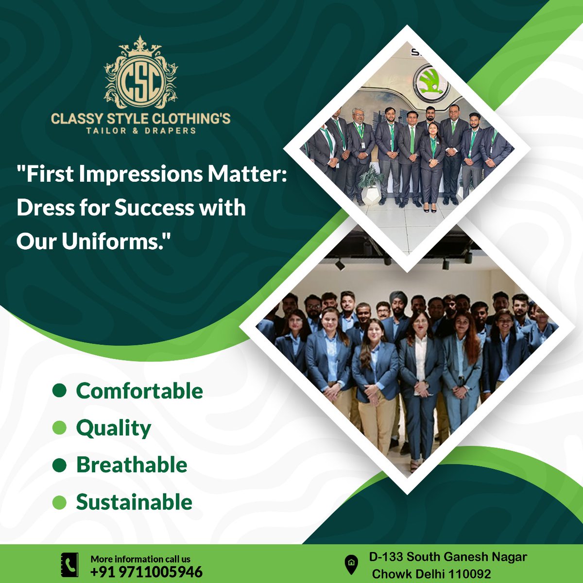 • Comfortable
• Quality
• Breathable
• Sustainable

For more details visit:-
☎Call- +91 9711005946
📨Email-classystyleclothings@gmail.com
🌎visit - D-133 South ganesh nagar chowk Delhi 110092

#UniformalElegance #DressedForSuccess #ProfessionalEssentials #OfficeOutfitIdeas