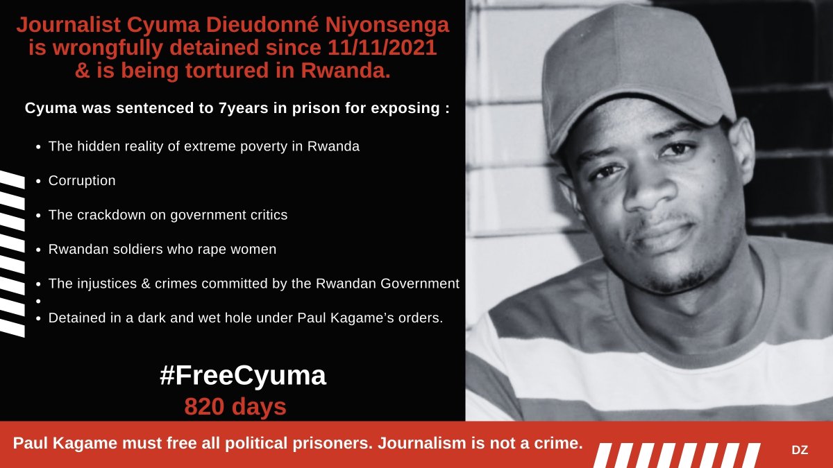 dzaneza's tweet photo. #Rwanda: Journalist Niyonsenga aka #Cyuma is held under “inhumane” conditions in a “hole” where he is frequently beaten.
Dictator @PaulKagame must #FreeCyuma and #FreeAllPoliticalPrisoners.
#JournalismIsNotACrime #Africa
#FreedomOfSpeech is not a crime!
https://t.co/z0PGCLE0RR https://t.co/IFX4vRg7rk