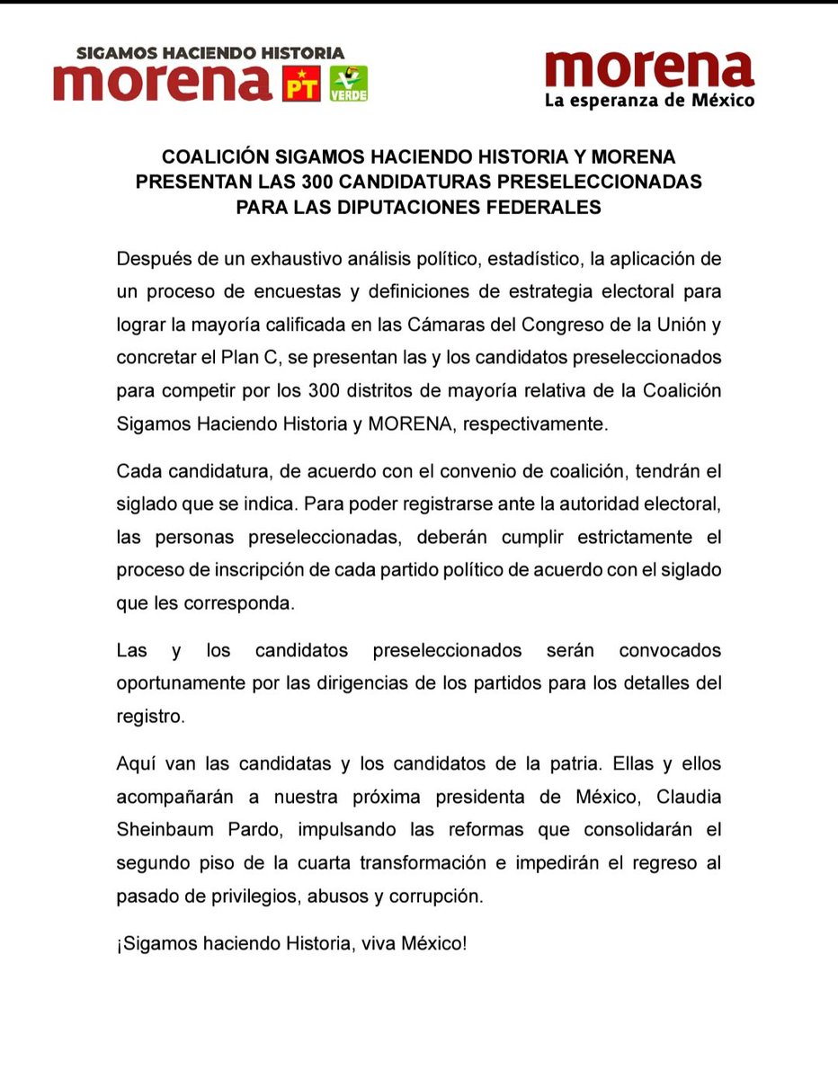 mario_delgado's tweet photo. 🔴| Coalición #SigamosHaciendoHistoria y @PartidoMorenaMx presentamos las 300 candidaturas preseleccionadas para las diputaciones federales. 👇 https://t.co/RfPNm4RCf5