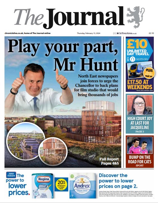 Today <a href="/TheNorthernEcho/">The Northern Echo</a> joins with <a href="/ChronicleLive/">The Chronicle</a> <a href="/TheJournalNews/">The Journal</a> <a href="/SunderlandEcho/">Sunderland Echo</a> <a href="/shieldsgazette/">Shields Gazette</a> to deliver a message to <a href="/Jeremy_Hunt/">Sir Jeremy Hunt MP</a> to make the Crown Works film and TV studio plan a reality and create 8,500 jobs. One voice
thenorthernecho.co.uk/news/24120109.…