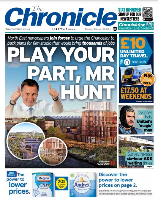 GavFosterEditor's tweet photo. Today @TheNorthernEcho joins with @ChronicleLive @TheJournalNews @SunderlandEcho @shieldsgazette to deliver a message to @Jeremy_Hunt to make the Crown Works film and TV studio plan a reality and create 8,500 jobs. One voice
https://t.co/1dwrMA5HQy https://t.co/RB7yG2eKpr