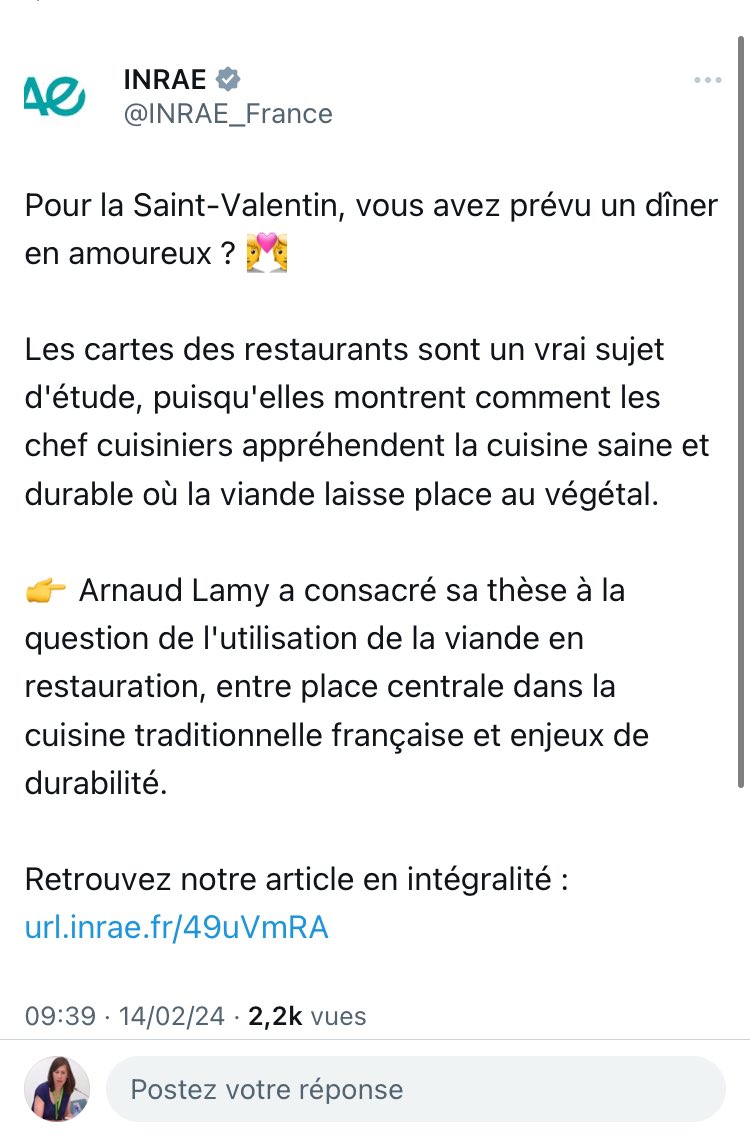 #OnMarcheSurLaTête
Partageons donc largement ce post de <a href="/INRAE_France/">INRAE</a> (et l’article associé inrae.fr/actualites/qua…) qui a eu l’outrecuidance d’aborder la végétalisation des assiettes dans la gastronomie…