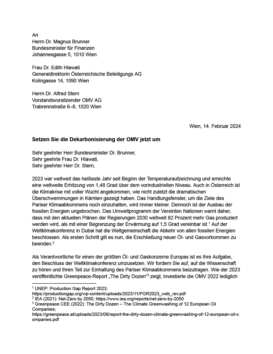 GreenpeaceAT's tweet photo. In einem offenen Brief fordern wir gemeinsam mit 76 Wissenschaftler:innen die OMV auf, das Gasprojekt Neptun Deep im Schwarzen Meer abzusagen. Die Unterzeichnenden warnen, dass die Erschließung neuer Gasvorkommen nicht mit den Pariser Klimazielen vereinbar ist.
Zu den Unterzeichnenden zählen unter anderem @SigridStagl, @ReiSteurer, @FranzEssl1, Helga Kromp-Kolb und CCCA-Vorstand @daniel_huppmann sowie 28 weitere aktive oder emeritierte Professor:innen an österreichischen Universitäten.