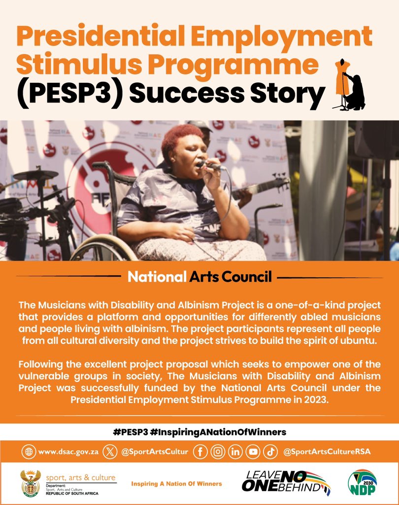 SportArtsCultur's tweet image. The Musicians with Disability and  Albinism project from the Presidential Employment Stimulus  Programme 3 (PESP3) was a great initiative from the National Arts Council.

#InspiringANationOfWinners 
#PESP3 #NationalMuseum