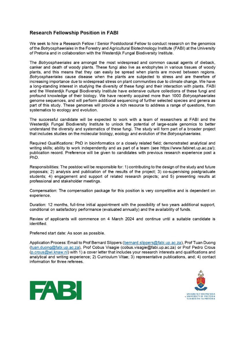 Fabiteam1's tweet image. Interested in a postdoctoral fellowship at FABI? Apply for this research fellow position, which will focus on the genomics of 𝘉𝘰𝘵𝘳𝘺𝘰𝘴𝘱𝘩𝘢𝘦𝘳𝘪𝘢𝘭𝘦𝘴 🧬