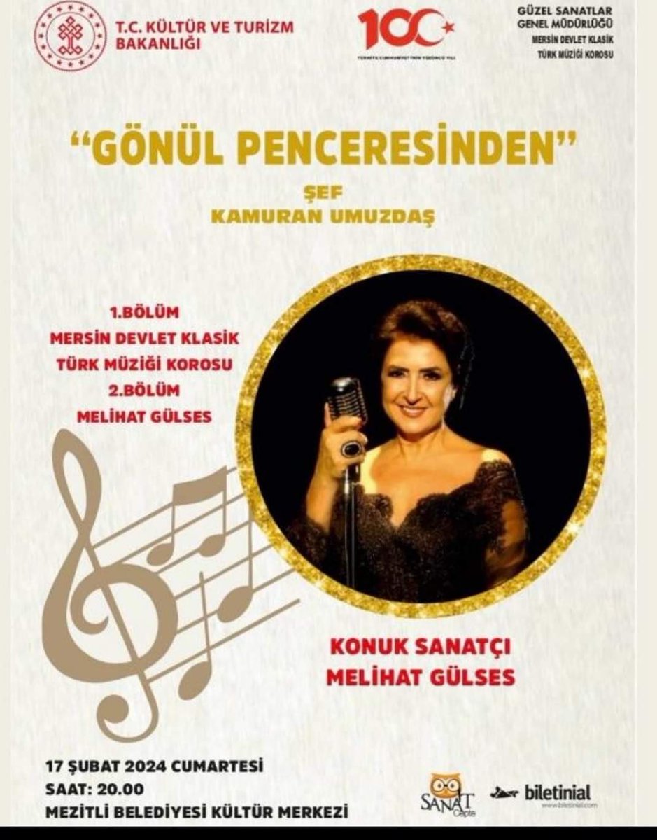 📣Mersin Devlet Klasik Türk Müziği Korosu "GÖNÜL PENCERESİNDEN" konseriyle sanatseverlerle buluşuyor 🎼🎼🎶🎵
🗓️ 17 Şubat Cumartesi
⏰ 20:00
📍Mezitli Belediyesi Kültür Merkezi