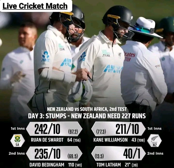 Stumps!  DAY 3 ....! 💥

 New Zealand to bundle out South Africa for 235, and New Zealand need 227 more runs to seal the series (2-0)

#NZvSA #day3 #testseries #testcricket Live Cricket Match #followformore #CricketNation #instalike #followthispage