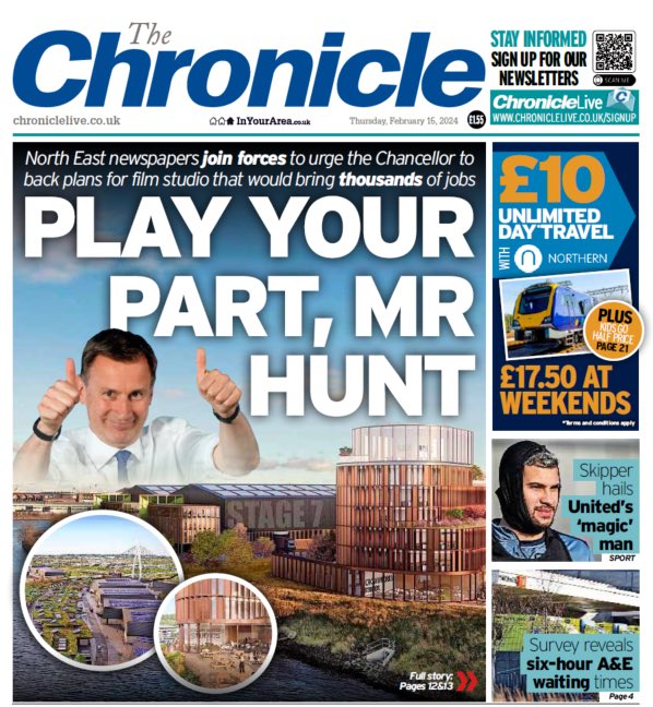 helendalby's tweet photo. Today our @ChronicleLive @TheJournalNews and @NorthernAgenda_ join forces with @TheNorthernEcho, @SunderlandEcho and @shieldsgazette to deliver a message to @Jeremy_Hunt with one voice: the @Fulwell73 Crown Works film and TV studio plans for the North East must be supported. https://t.co/86xQopvzGQ