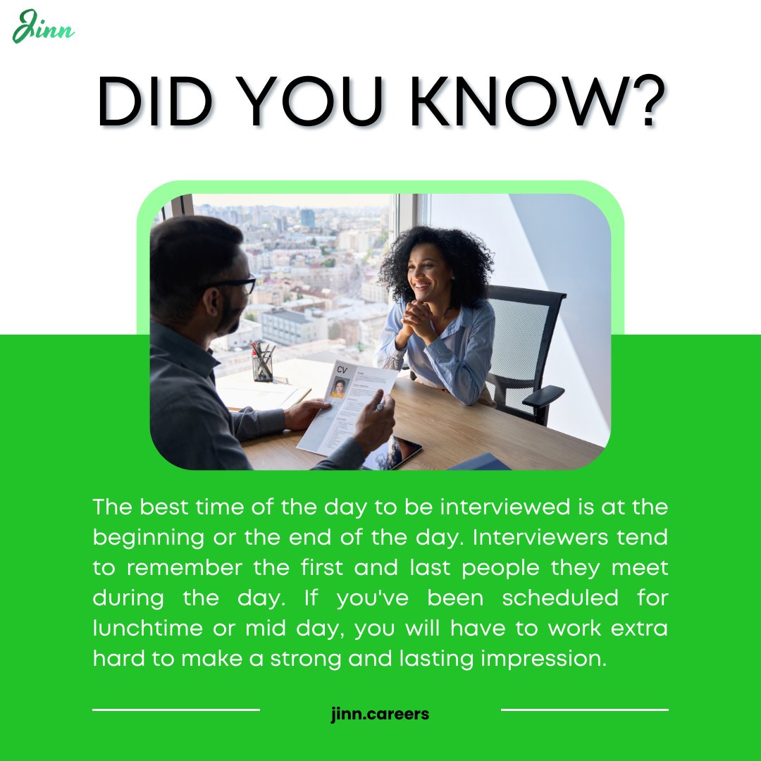 Jinn_online's tweet photo. Timing can be the key to interview success. Aim for the advantageous slots - first or last - to make a lasting impression.

#jinncareers #didyouknow #careerfacts #didyouknowfacts #career #networking #cv #resume #resumetips #networkingjobs #networkmarketing #jobshiring #jobsearch https://t.co/N182GePWwy