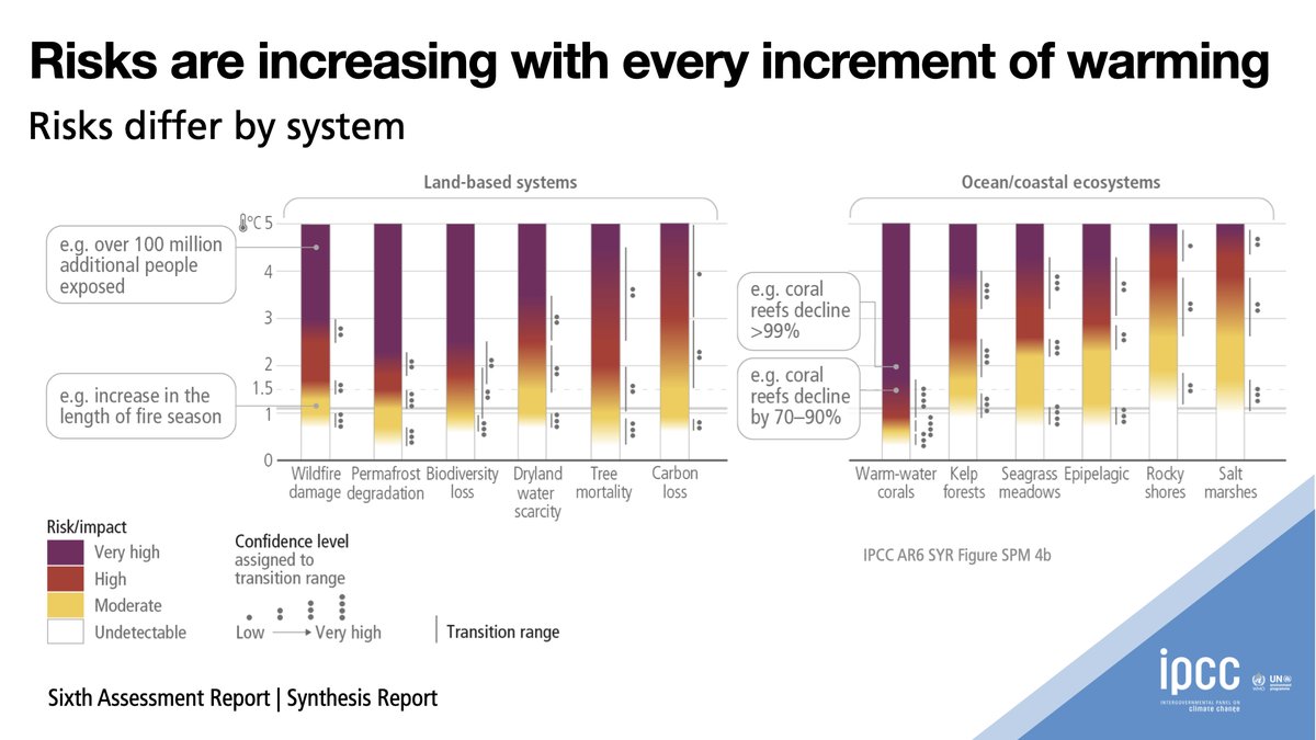 Our future climate – what’s in store? Risks increase with every increment of warming. As warming levels increase, so do the risks of species extinction or irreversible loss to biodiversity in ecosystems such as forests, coral reefs & in Arctic regions. bit.ly/SRYRpt23