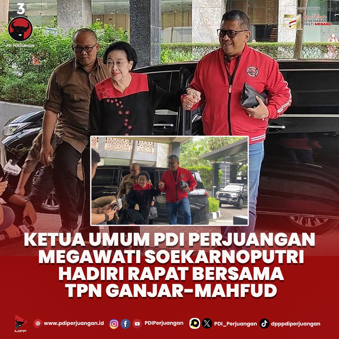Megawati Soekarnoputri, Ketua Umum PDI Perjuangan, bersama TPN Ganjar-Mahfud menggelar rapat bersama dalam menyikapi proses dan hasil Pemilu 2024.

Sekretaris Jenderal PDI Perjuangan, Hasto Kristiyanto, menegaskan bahwa partai menganggap ada permasalahan serius dan fundamental