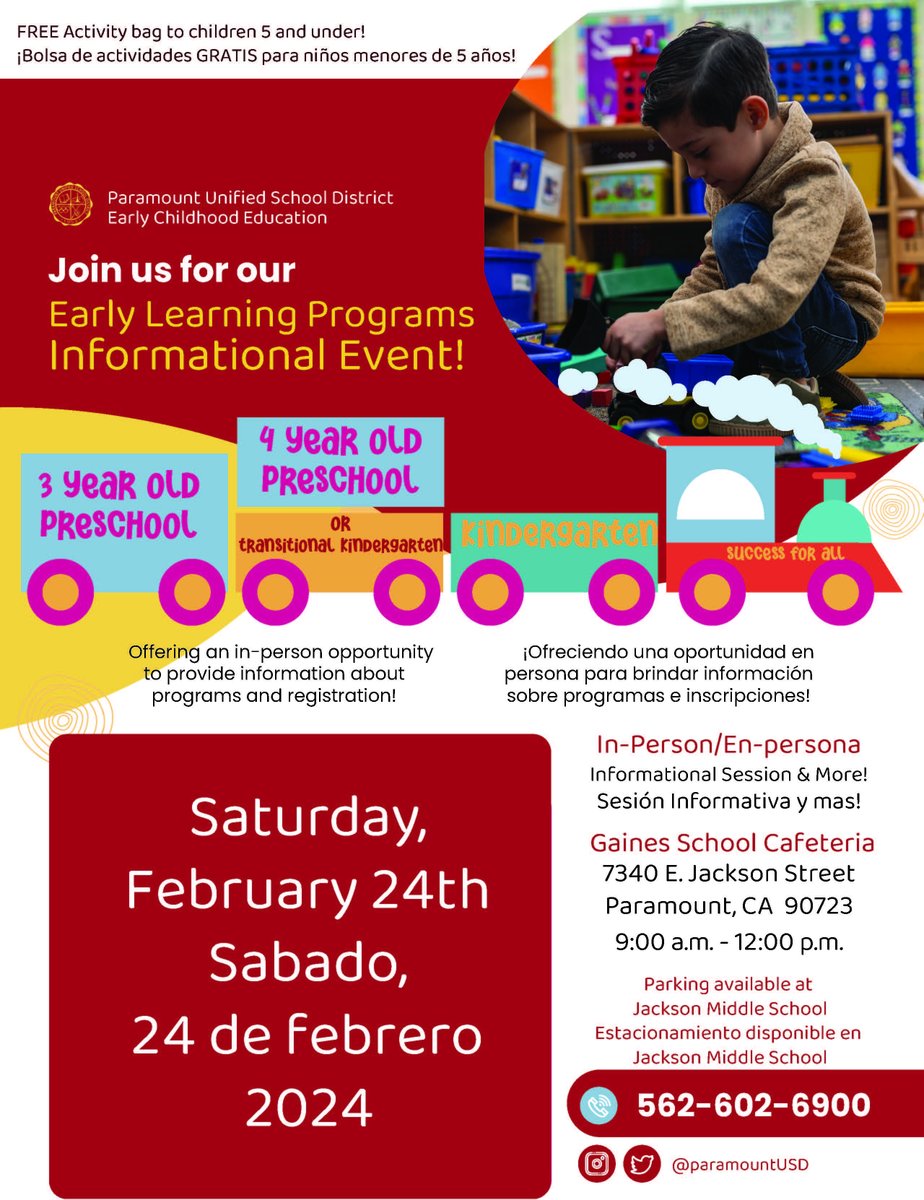 Calling all families with 3-5-year-old children. Interested in an early learning program for your little one beginning in August? Come and see what Paramount USD has to offer.  FREE activity bag to children 5 and under.