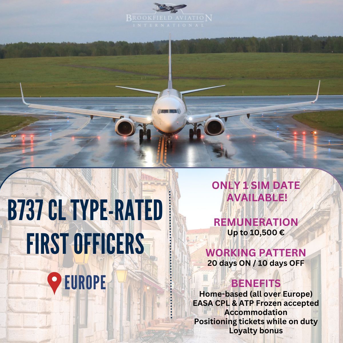 Brookfield_AV's tweet photo. We are hiring B737 CL Type Rated #FirstOfficers with EASA CPL and ATP Frozen licenses. Home-base in Europe. ONLY 1 SIMULATOR DATE AVAILABLE. More information on the following link: https://t.co/RVocnySpR0 https://t.co/hoo1eDk6rH