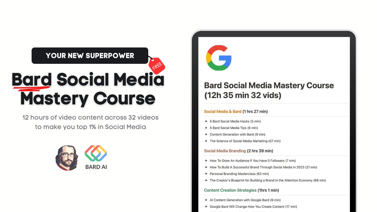 16 year olds are gaining 100K+ followers with Google Bard. But 97% of people don't know how. So I built Bard Social Media Mastery Course. 32 vids & 16 hrs of content. To get it: 1. Follow me 2. Reply 'SEND'