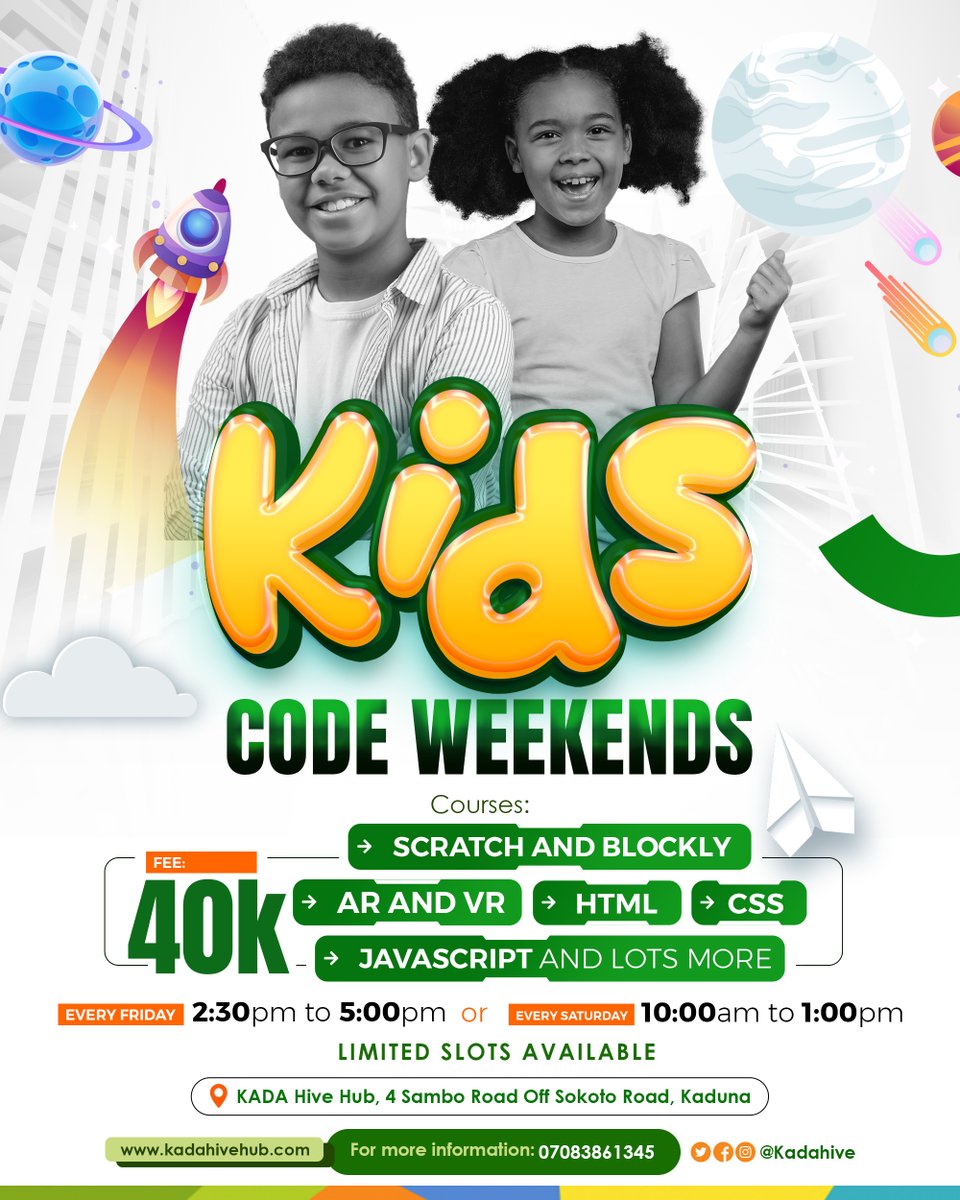 kadahive's tweet image. Dive into code with Kadahive's Kids Code Weekends! From Scratch to AR/VR, JavaScript, and more. 🎉 Registration ongoing—let the coding adventure begin! 🖥️👦👧 #KidsCodeWeekends #KadaHive #CodingAdventure #PlayTech