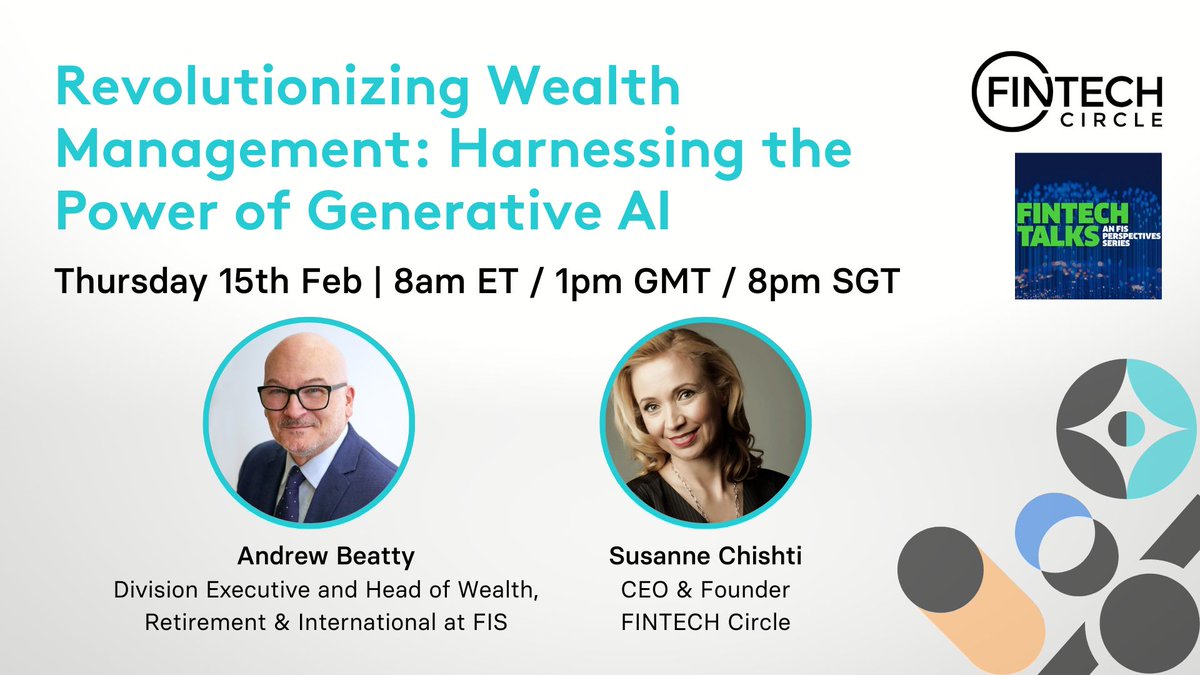 FINTECH Circle (@fintechcircle) on Twitter photo 📢 TODAY'S THE DAY! Register now and join us in just a few hours!
Join us LIVE for our highly anticipated webinar on Revolutionizing Wealth Management with Generative AI, featuring @andrewgbeatty & <a href="/SusanneChishti/">Susanne Chishti</a>.
Join Now 👉🏼bigmarker.com/fintech-circle…
#fintech #Finpact #GenAI 📢 TODAY'S THE DAY! Register now and join us in just a few hours!
Join us LIVE for our highly anticipated webinar on Revolutionizing Wealth Management with Generative AI, featuring @andrewgbeatty & <a href="/SusanneChishti/">Susanne Chishti</a>.
Join Now 👉🏼bigmarker.com/fintech-circle…
#fintech #Finpact #GenAI