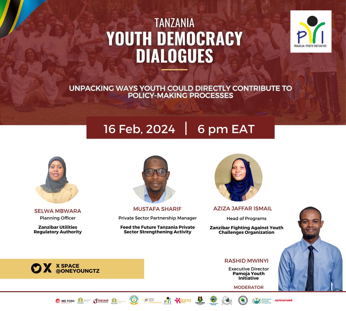 🇹🇿🇹🇿🇹🇿 🔊Join us *TOMORROW EVENING* for a conversation led by <a href="/pamoja_youth/">Pamoja Youth Initiative</a> as we Unpack how youth can contribute to Policy-Making Processes

📅 16th February 2024 
⏰ 6pm EAT 
📍 X Space <a href="/OneYoungTZ/">One Young Tanzania</a> 

 Save the date
✨Share with a friend. See you there!