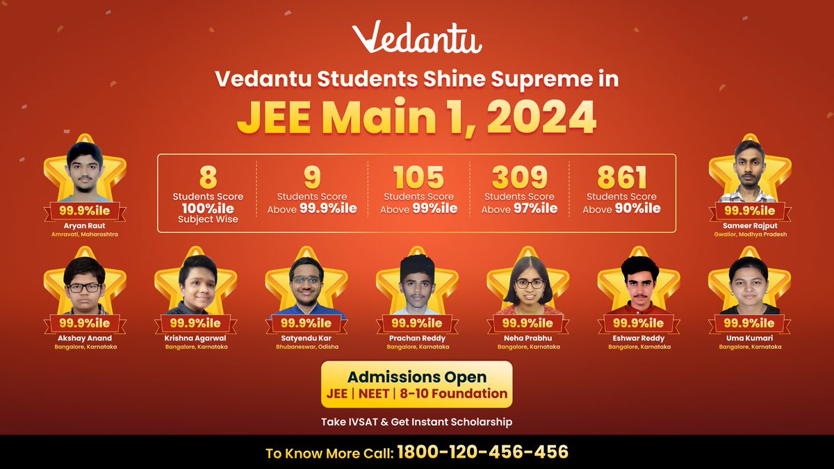 🚀 Vedantu students soar to new heights in JEE Main 1, 2024! 🌟 Kudos to our talented students, supportive parents, and dedicated teachers for this outstanding achievement. Let the celebrations begin, and here's to more victories ahead! 🎓🙌  #JEE2024 #ResultsSeason #vedantu