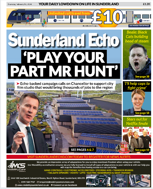 SunderlandEcho's tweet photo. Today North East news titles are putting rivalries aside to back the Crown Words Studio plans for Sunderland and call on @Jeremy_Hunt to provide the funding needed in the Budget https://t.co/bhWBmVXVEG @journalism_news https://t.co/2zXM6uZzC8