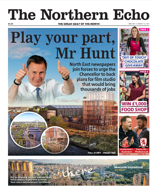 SunderlandEcho's tweet photo. Today North East news titles are putting rivalries aside to back the Crown Words Studio plans for Sunderland and call on @Jeremy_Hunt to provide the funding needed in the Budget https://t.co/bhWBmVXVEG @journalism_news https://t.co/2zXM6uZzC8