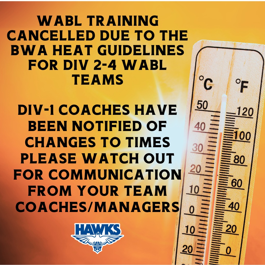 With the heat soaring this arvo WABL training for tonight 15th Feb cancelled for all div 2-4 teams, following BWA Guidelines.
Div 1 teams have been rescheduled, we are contacting coaches and managers of those teams now. 
Keep Cool