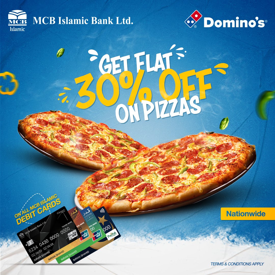 MCBIslamicBank's tweet photo. Craving for Pizza? Now enjoy Flat 30% off on Domino's with your MCB Islamic Debit Card.
#MCBIslamicBank #BaBarkatBankariHamariZimadari #Discounts #Deals #PlatinumCard #UnionPay #PayPak #GoldCard #ClassicCard https://t.co/A2h2ElVkO1