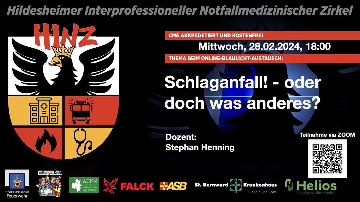 Bald ist wieder HINZ Zeit! 

Stephan Henning bespricht mit uns die Differentialdiagnosen zum neurologischen Defizit.

Wie immer CME zertifiziert und kostenfrei via Zoom.

us06web.zoom.us/j/82751473700?…

Mit der Unterstützung der @agnn_ev
