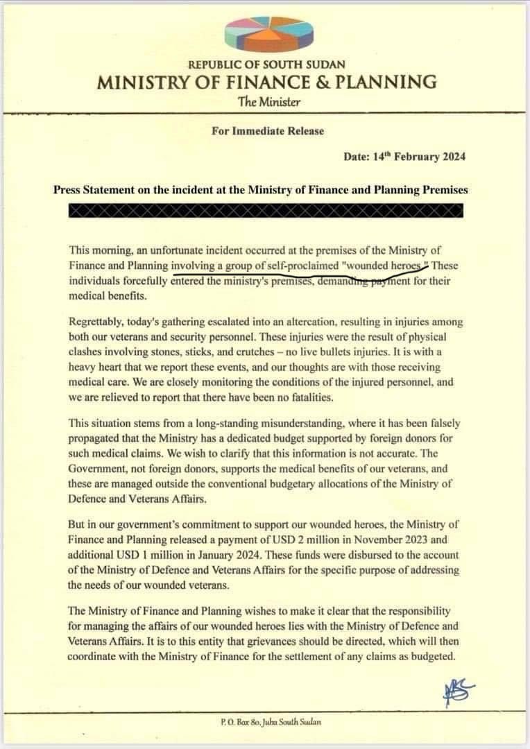 Very unfortunate statement and must be condemned in the strongest term possible. Without the wounded heroes and heroines, there’ll be no South Sudan they’re now looting and enjoying. A whole of Ministry of Finance dehumanizing and demeaning the very people who sacrificed their