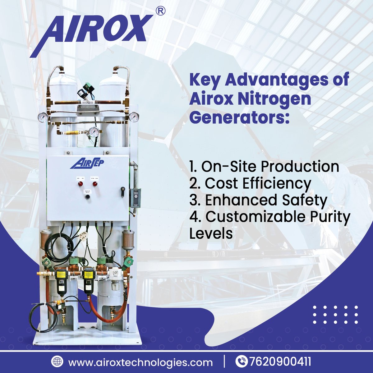 AiroxLtd's tweet photo. Airox nitrogen generators allow businesses to produce nitrogen gas directly at their facilities, eliminating the need for storage and transportation of nitrogen cylinders or tanks. 

#airox #nitrogengenerator #nitrogengeneratorplant #nitrogenplant #nitrogenmachine https://t.co/GAuiVn1wUj