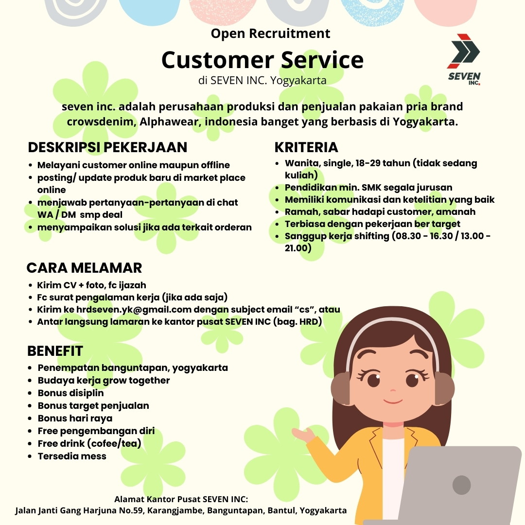 Hrd_SevenInc's tweet photo. Lowongan Kerja Customer Service
Kriteria :
- Wanita single usia 18-29 tahun
- Tidak sedang menempuh pendidikan
- Ramah dan sabar menghadapi customer

Fasilitas &amp; Benefit :
- Budaya kerja grow together
- Disediakan mess gratis bagi yang dari luar Jogja
- Koneksi internet gratis https://t.co/1uI8Otgnt3